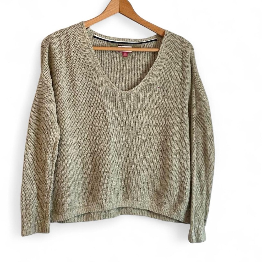Tommy Hilfiger Denim XS Linen Cotton VNeck Long Sleeve Open Weave Green Sweater